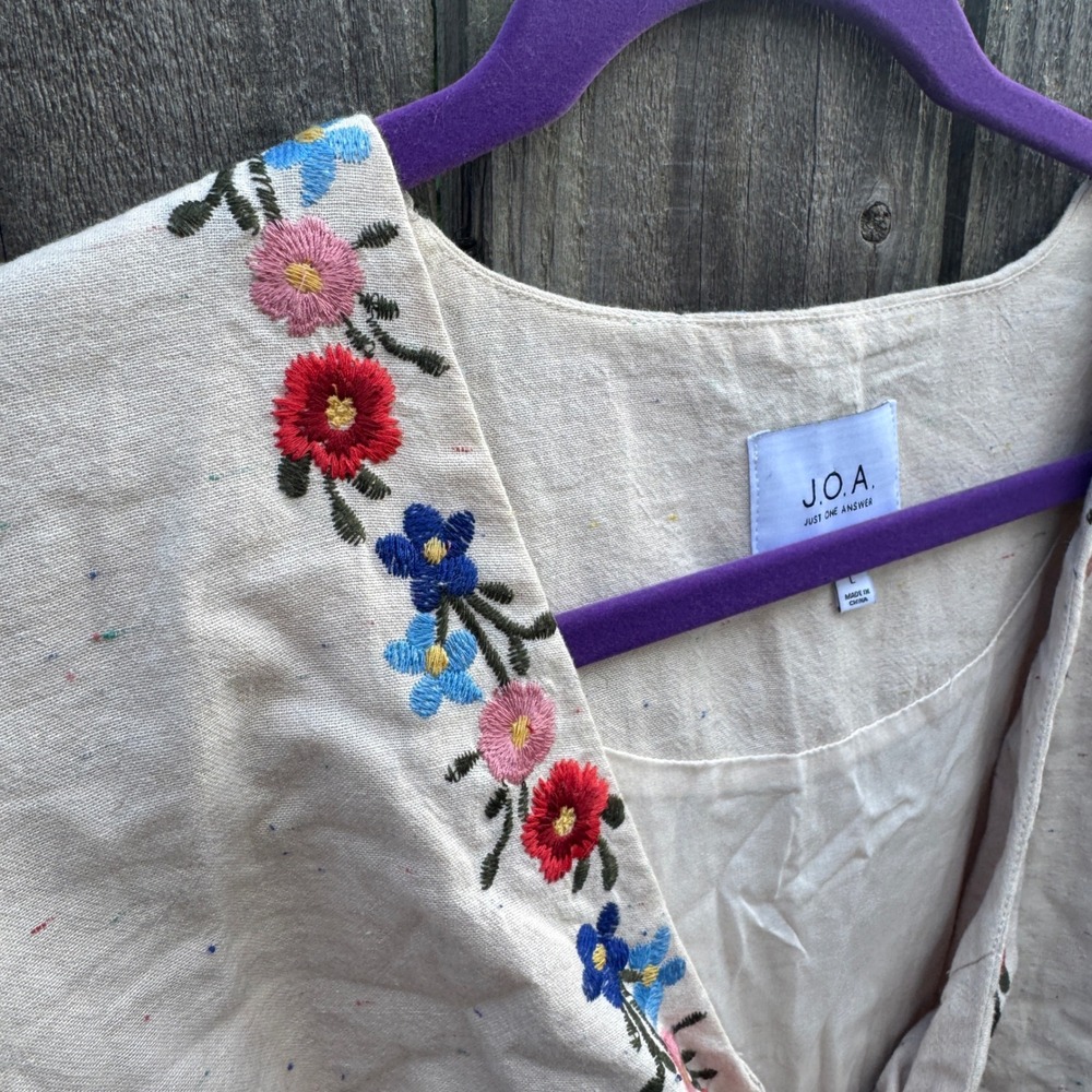 Anthropologie JOA Embroidered Tie Front Jumpsuit Large Beige Floral Wide Leg - Picture 9 of 16